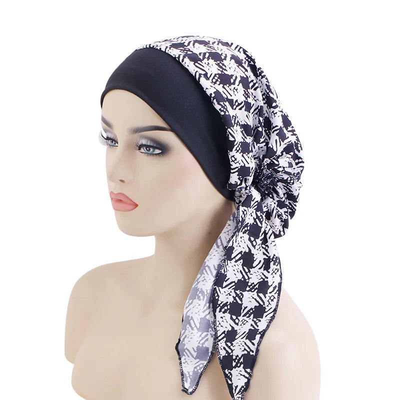 New Womens Pre-Tied Turban Cap Muslim Hijab Cancer Chemo Flower Print Hat Cover Hair Loss Head Scarf Wrap Strech Bandana