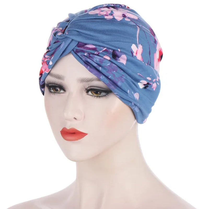 Floral Leave Leopard Pattern Twisted Jersey Hijabs Muslim Women Elastic Soft Turban Headband Easy Cap Chemo Hat Hair Accessories