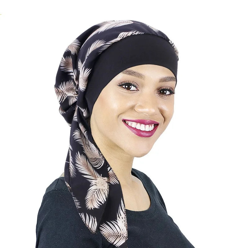 New Womens Pre-Tied Turban Cap Muslim Hijab Cancer Chemo Flower Print Hat Cover Hair Loss Head Scarf Wrap Strech Bandana