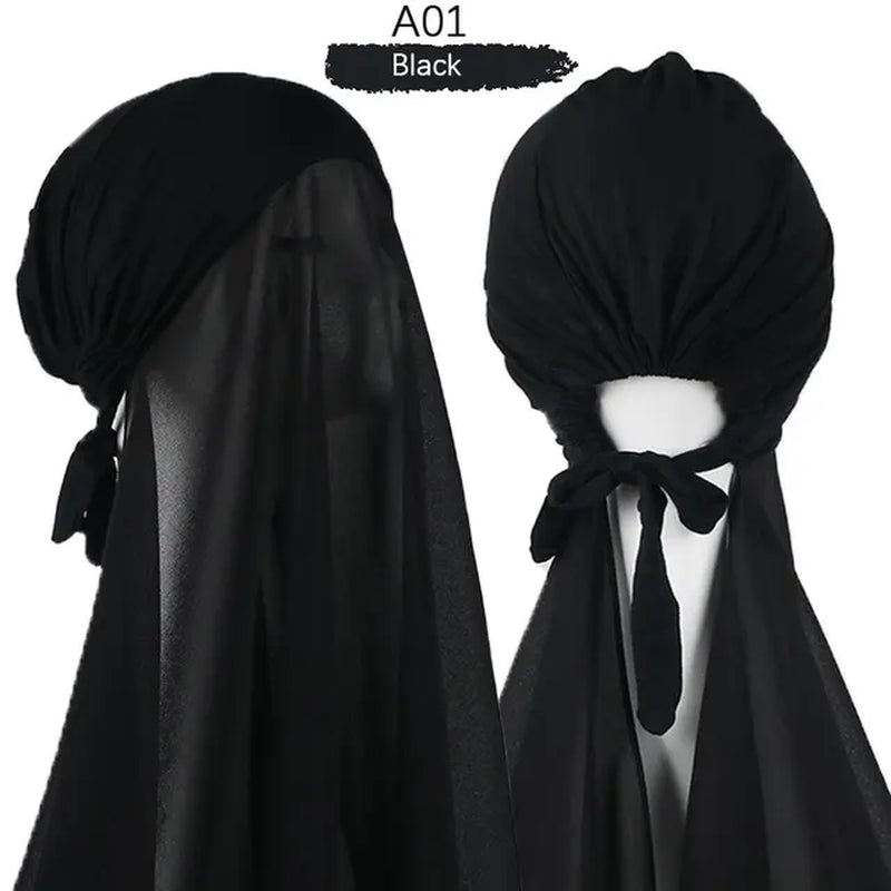 Muslim Women Chiffon Hijab with Cap Bonnet Instant Chiffon Hijabs Pinless Shawl Head Scarf Underscarf Caps Cover Headwrap