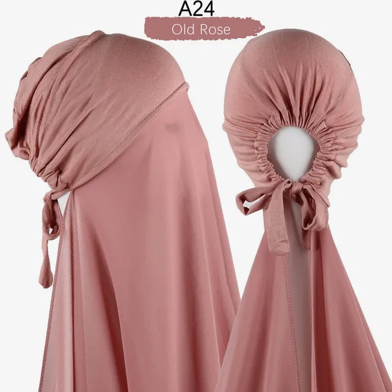 Muslim Women Chiffon Hijab with Cap Bonnet Instant Chiffon Hijabs Pinless Shawl Head Scarf Underscarf Caps Cover Headwrap