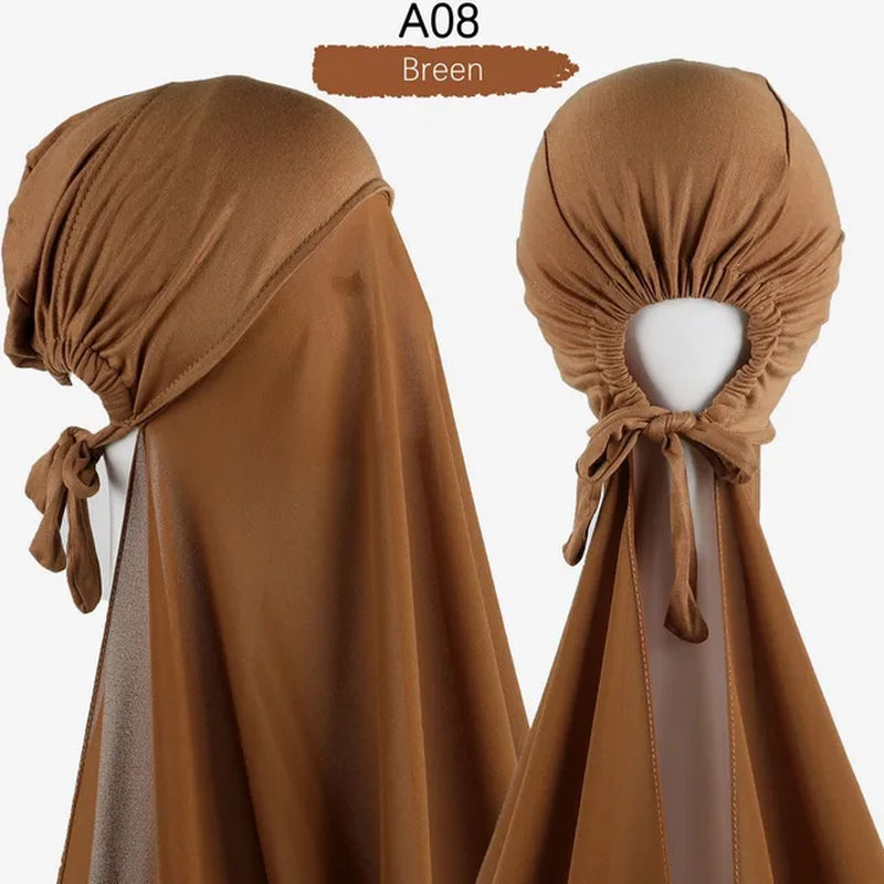 Muslim Women Chiffon Hijab with Cap Bonnet Instant Chiffon Hijabs Pinless Shawl Head Scarf Underscarf Caps Cover Headwrap