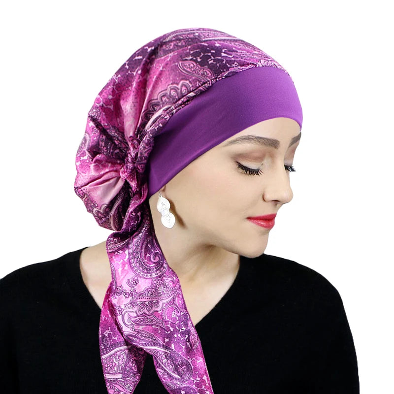 New Muslim Women Satin Head Scarf Chemo Hat Turban Pre-Tied Headwear Bandana Cancer Hair Loss Head Scarf Head Wrap Stretch Caps