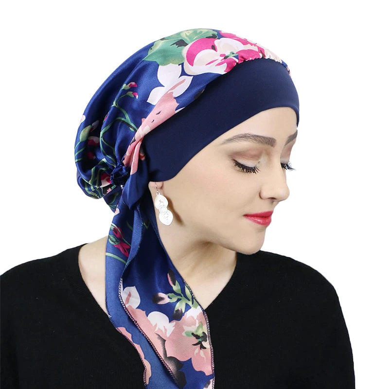 New Muslim Women Satin Head Scarf Chemo Hat Turban Pre-Tied Headwear Bandana Cancer Hair Loss Head Scarf Head Wrap Stretch Caps