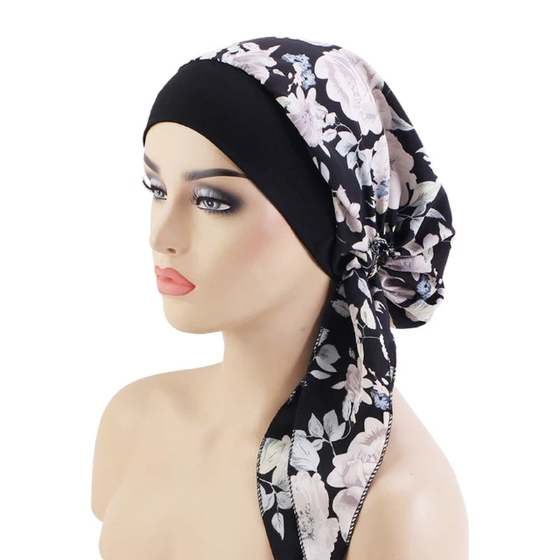 New Womens Pre-Tied Turban Cap Muslim Hijab Cancer Chemo Flower Print Hat Cover Hair Loss Head Scarf Wrap Strech Bandana