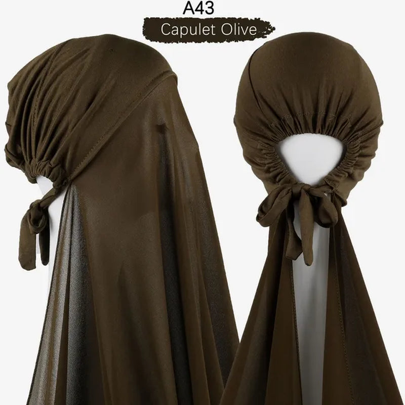 Muslim Women Chiffon Hijab with Cap Bonnet Instant Chiffon Hijabs Pinless Shawl Head Scarf Underscarf Caps Cover Headwrap