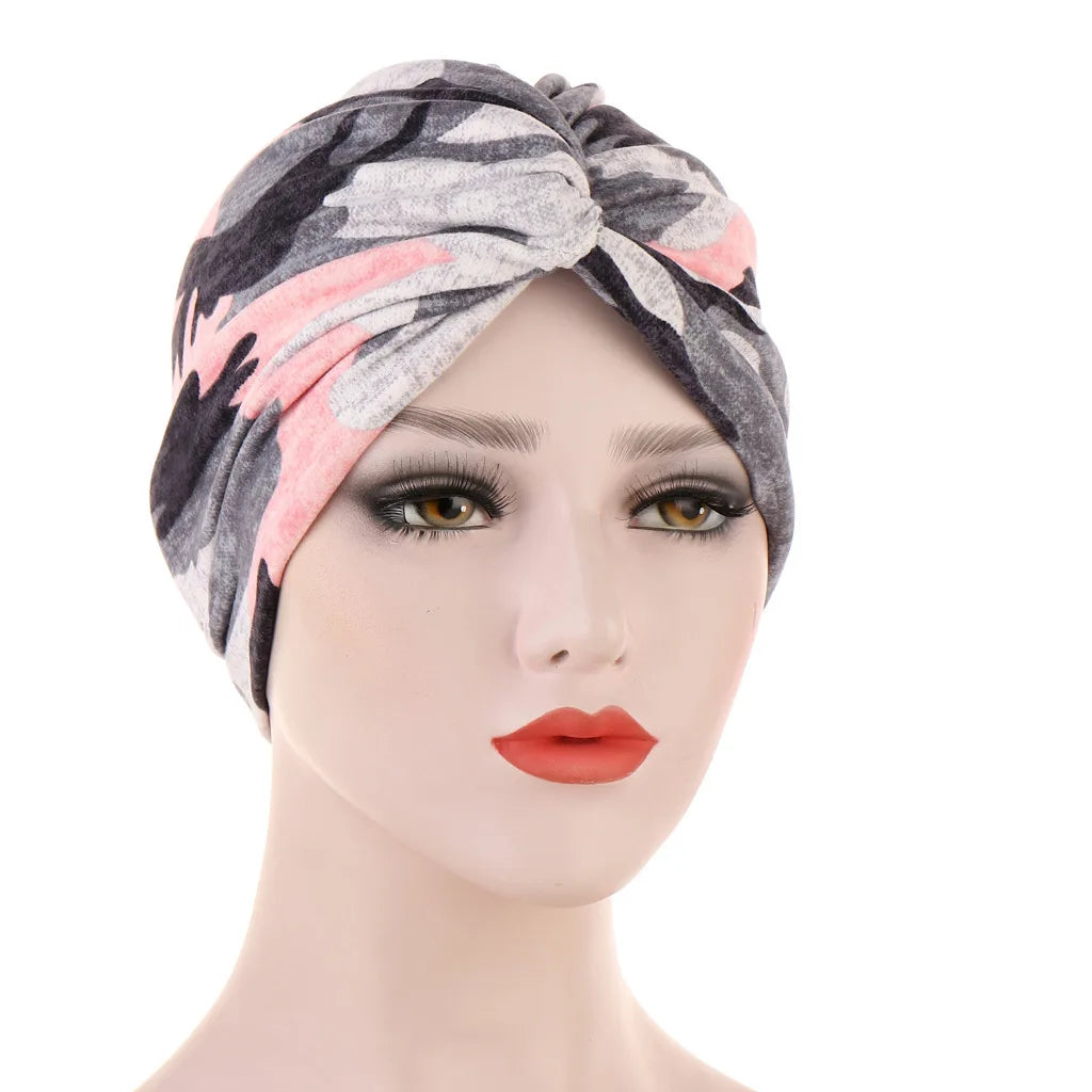 Floral Leave Leopard Pattern Twisted Jersey Hijabs Muslim Women Elastic Soft Turban Headband Easy Cap Chemo Hat Hair Accessories