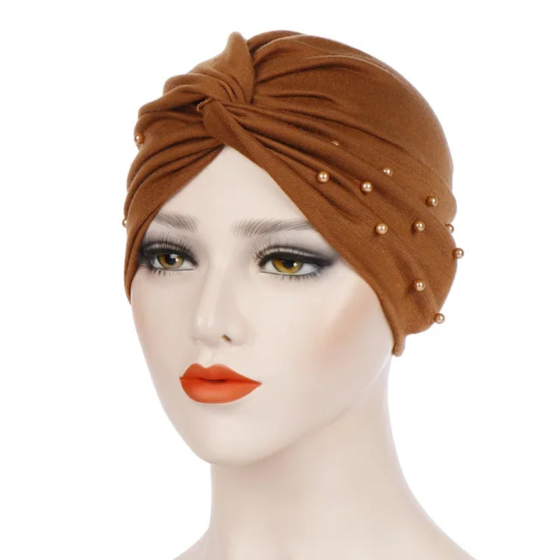 Beading Twisted Knot Jersey Hijab Muslim Soft Turban Headband for Women Islamic Headwrap Bonnet Easy Cap Hair Scarf Chemo Hat