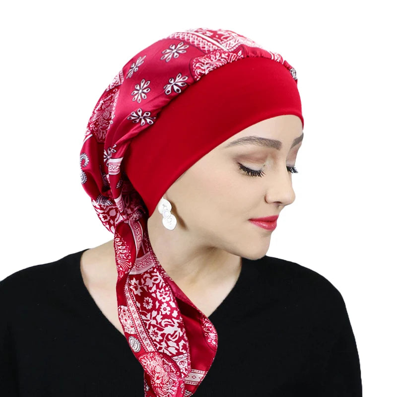 New Muslim Women Satin Head Scarf Chemo Hat Turban Pre-Tied Headwear Bandana Cancer Hair Loss Head Scarf Head Wrap Stretch Caps