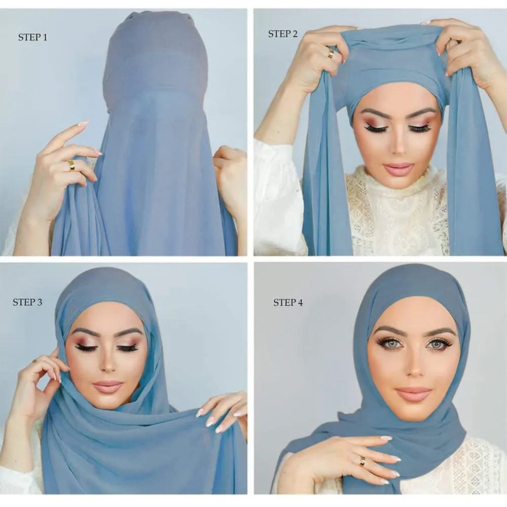 Muslim Women Chiffon Hijab with Cap Bonnet Instant Chiffon Hijabs Pinless Shawl Head Scarf Underscarf Caps Cover Headwrap