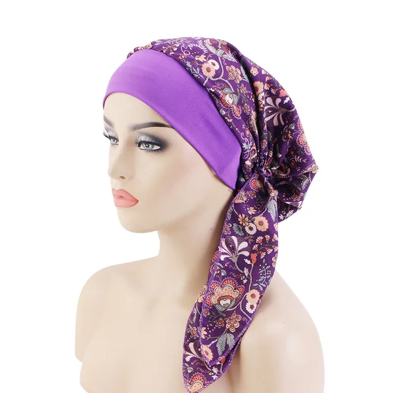 New Womens Pre-Tied Turban Cap Muslim Hijab Cancer Chemo Flower Print Hat Cover Hair Loss Head Scarf Wrap Strech Bandana