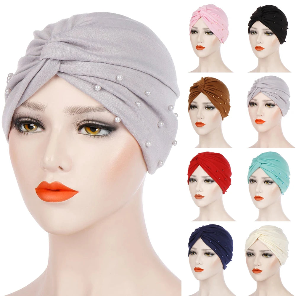 Beading Twisted Knot Jersey Hijab Muslim Soft Turban Headband for Women Islamic Headwrap Bonnet Easy Cap Hair Scarf Chemo Hat