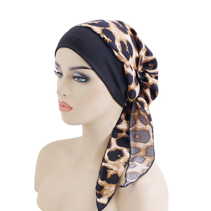 New Womens Pre-Tied Turban Cap Muslim Hijab Cancer Chemo Flower Print Hat Cover Hair Loss Head Scarf Wrap Strech Bandana