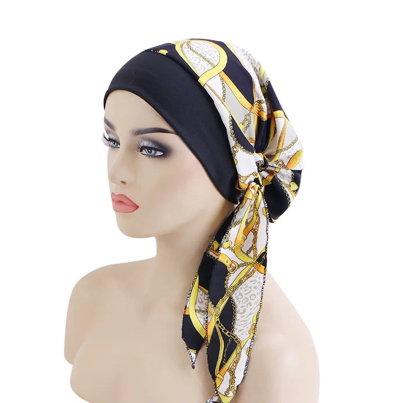 New Womens Pre-Tied Turban Cap Muslim Hijab Cancer Chemo Flower Print Hat Cover Hair Loss Head Scarf Wrap Strech Bandana