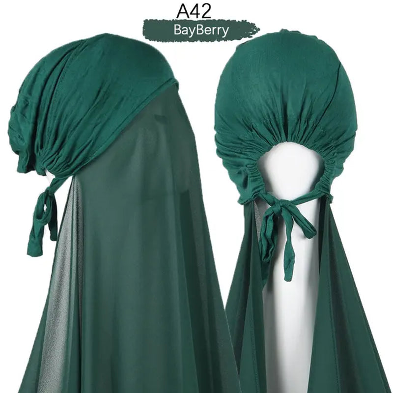 Muslim Women Chiffon Hijab with Cap Bonnet Instant Chiffon Hijabs Pinless Shawl Head Scarf Underscarf Caps Cover Headwrap