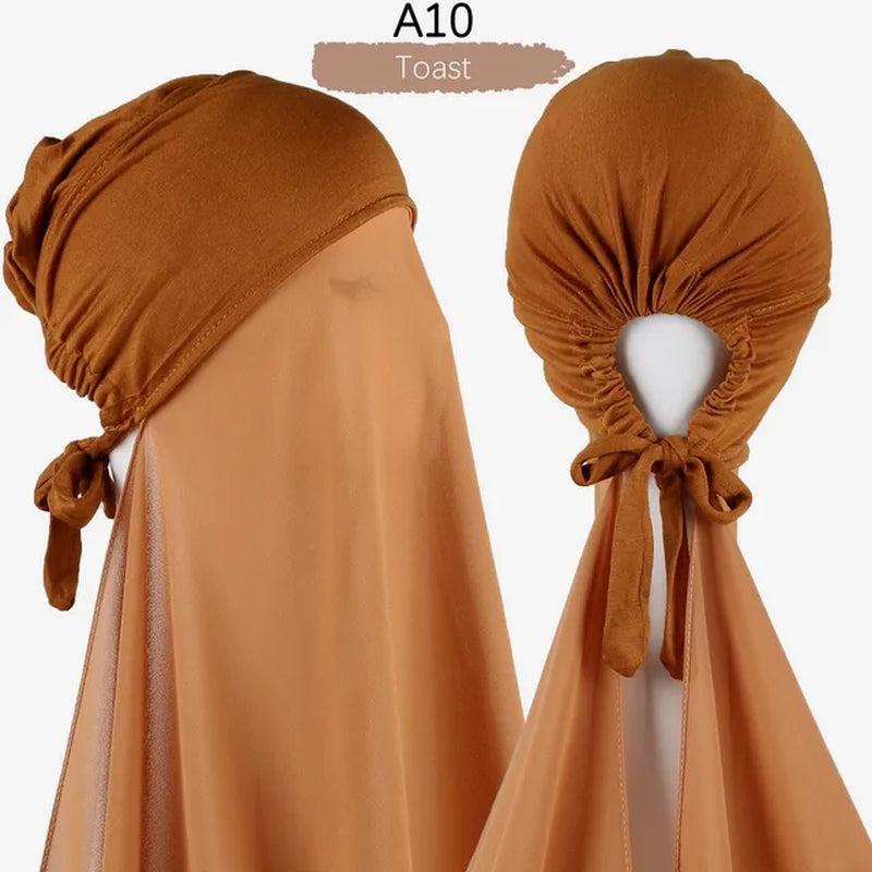 Muslim Women Chiffon Hijab with Cap Bonnet Instant Chiffon Hijabs Pinless Shawl Head Scarf Underscarf Caps Cover Headwrap