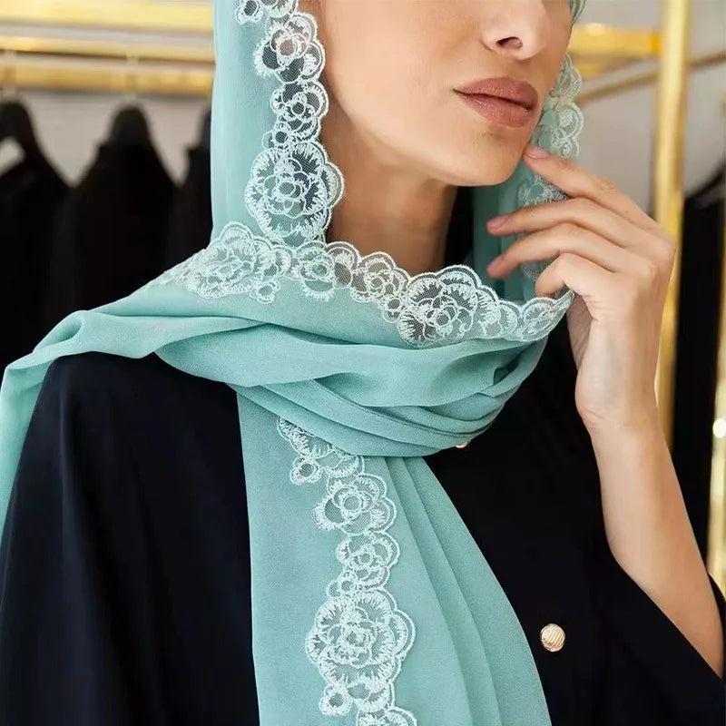 Plain Lace Scarf Bubble Chiffon Hijabs for Women Solid Color Embroidered Scarfs Chiffon Muslim Woman Veil Eid Abaya Woman Turban