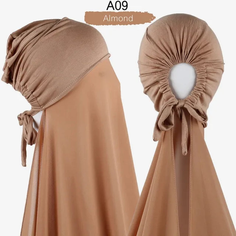 Muslim Women Chiffon Hijab with Cap Bonnet Instant Chiffon Hijabs Pinless Shawl Head Scarf Underscarf Caps Cover Headwrap