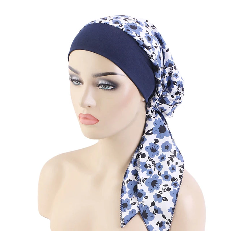 New Womens Pre-Tied Turban Cap Muslim Hijab Cancer Chemo Flower Print Hat Cover Hair Loss Head Scarf Wrap Strech Bandana