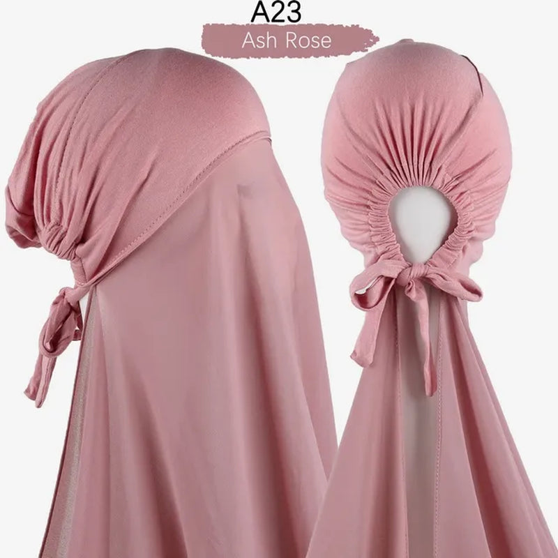 Muslim Women Chiffon Hijab with Cap Bonnet Instant Chiffon Hijabs Pinless Shawl Head Scarf Underscarf Caps Cover Headwrap