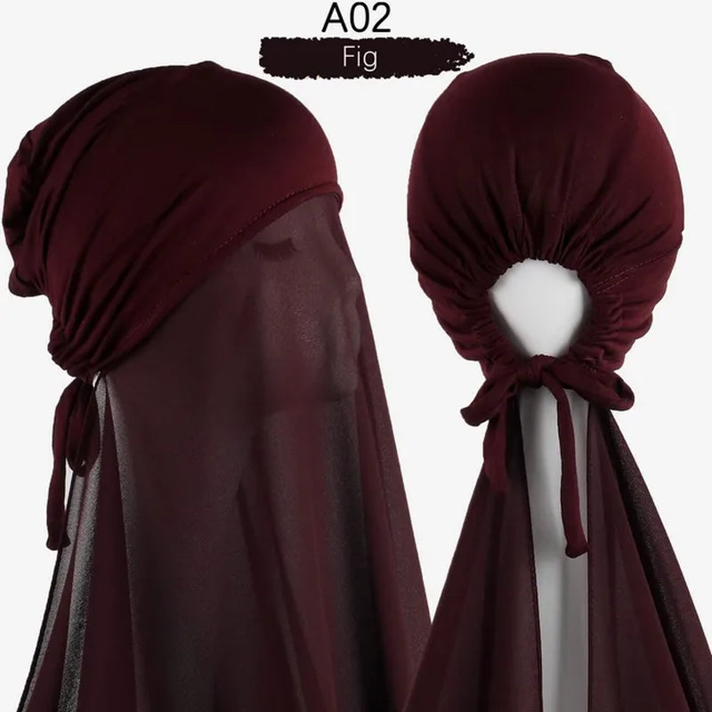 Muslim Women Chiffon Hijab with Cap Bonnet Instant Chiffon Hijabs Pinless Shawl Head Scarf Underscarf Caps Cover Headwrap