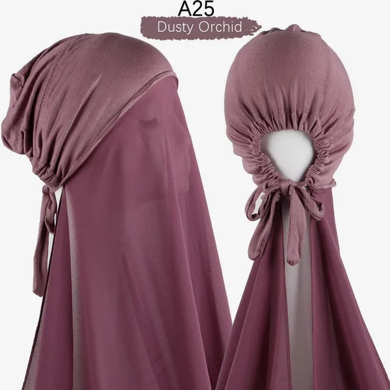 Muslim Women Chiffon Hijab with Cap Bonnet Instant Chiffon Hijabs Pinless Shawl Head Scarf Underscarf Caps Cover Headwrap