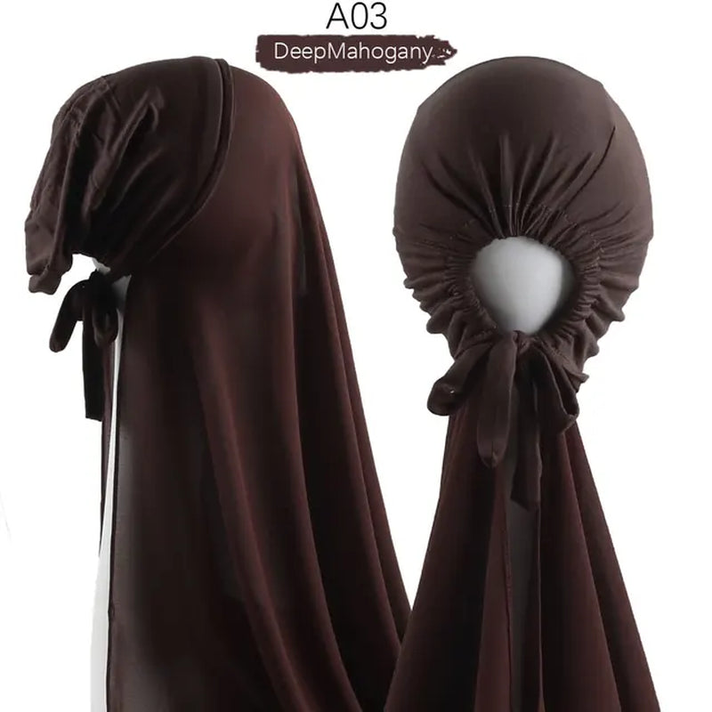 Muslim Women Chiffon Hijab with Cap Bonnet Instant Chiffon Hijabs Pinless Shawl Head Scarf Underscarf Caps Cover Headwrap