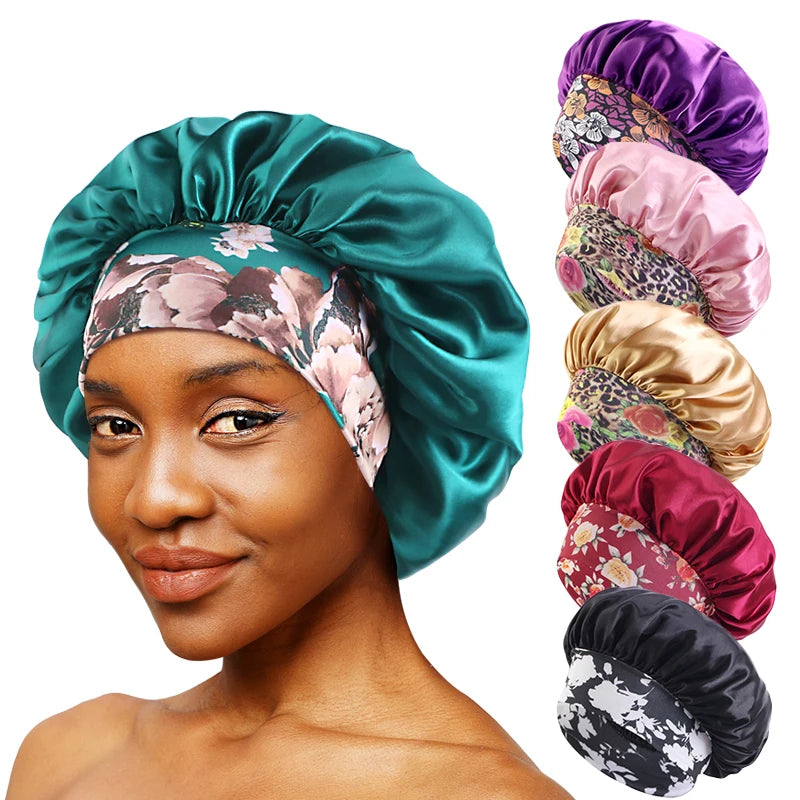 New Women'S Satin Solid Sleeping Hat Night Sleep Hair Care Bonnet Nightcap Silky Shower Caps Comfortable Flower Band Unisex Cap