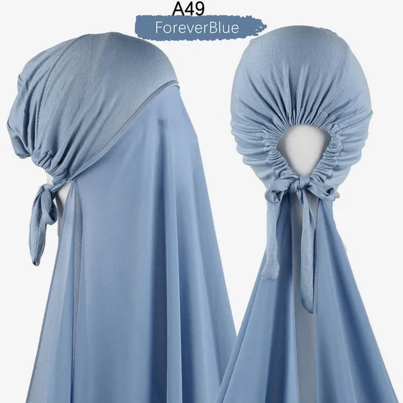 Muslim Women Chiffon Hijab with Cap Bonnet Instant Chiffon Hijabs Pinless Shawl Head Scarf Underscarf Caps Cover Headwrap