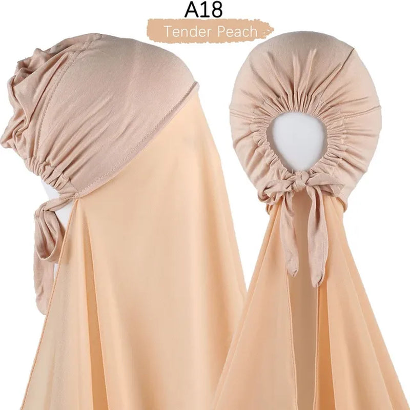 Muslim Women Chiffon Hijab with Cap Bonnet Instant Chiffon Hijabs Pinless Shawl Head Scarf Underscarf Caps Cover Headwrap