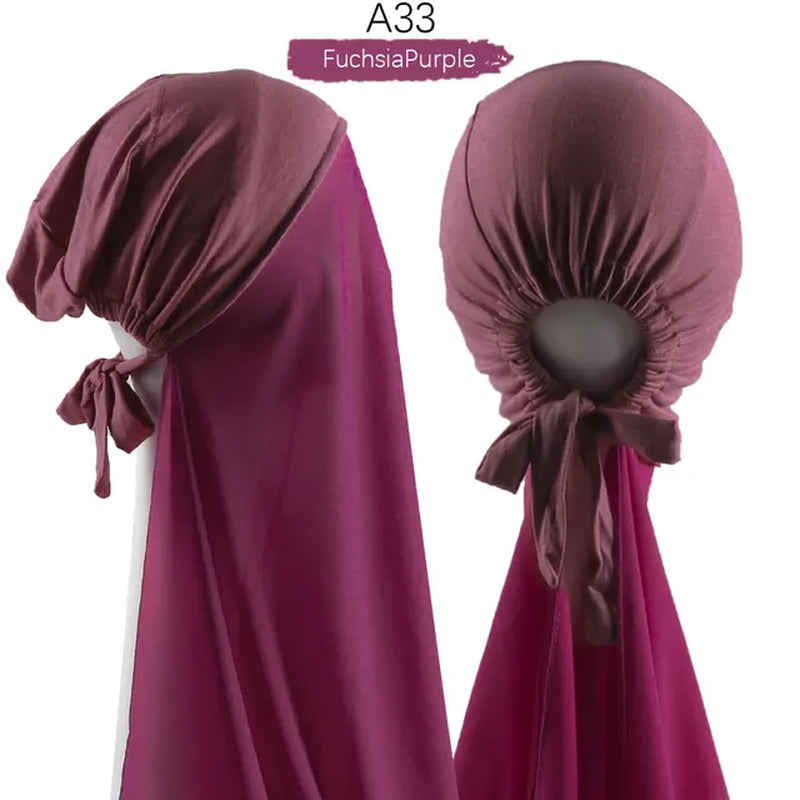 Muslim Women Chiffon Hijab with Cap Bonnet Instant Chiffon Hijabs Pinless Shawl Head Scarf Underscarf Caps Cover Headwrap