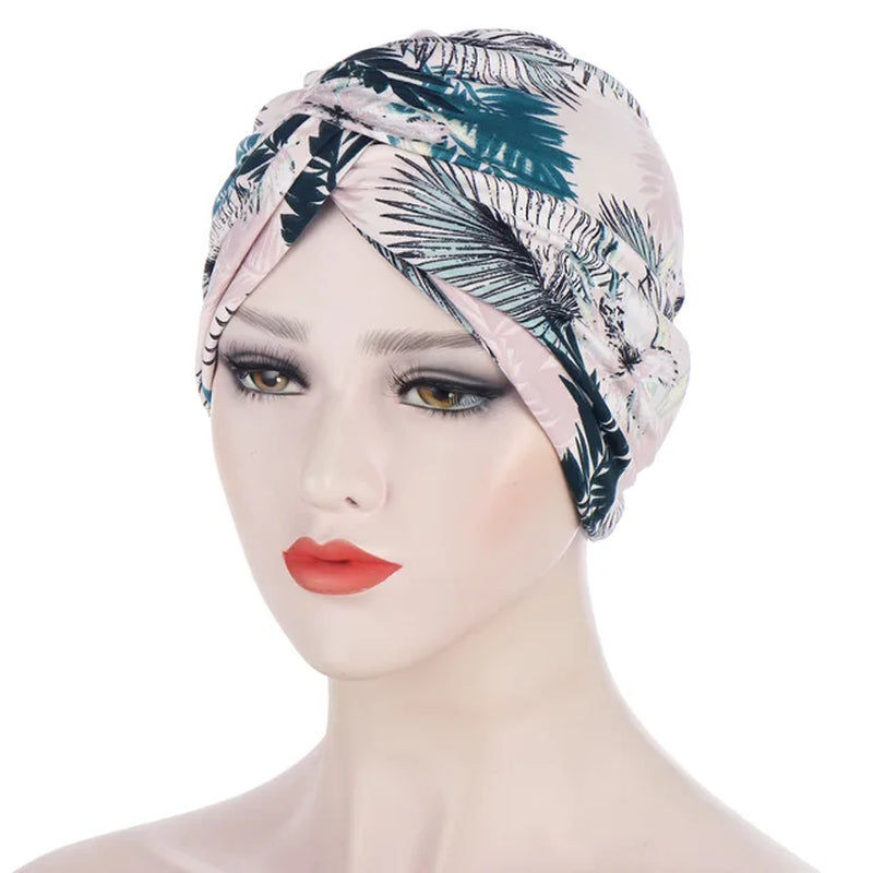 Floral Leave Leopard Pattern Twisted Jersey Hijabs Muslim Women Elastic Soft Turban Headband Easy Cap Chemo Hat Hair Accessories