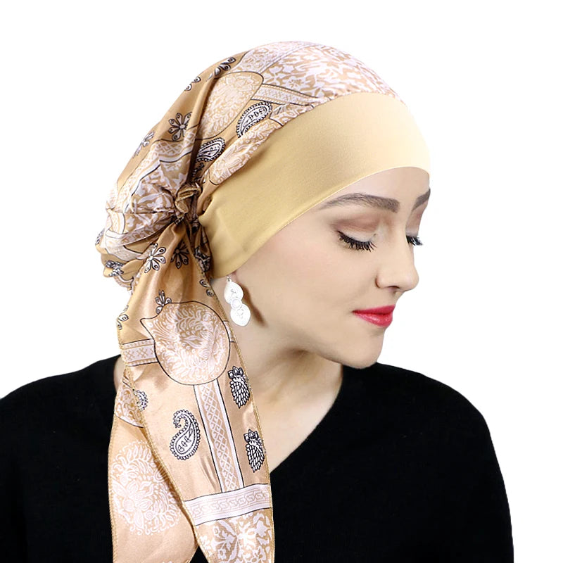 New Muslim Women Satin Head Scarf Chemo Hat Turban Pre-Tied Headwear Bandana Cancer Hair Loss Head Scarf Head Wrap Stretch Caps