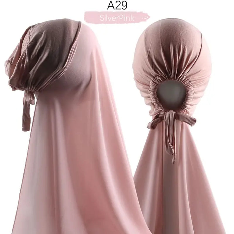 Muslim Women Chiffon Hijab with Cap Bonnet Instant Chiffon Hijabs Pinless Shawl Head Scarf Underscarf Caps Cover Headwrap