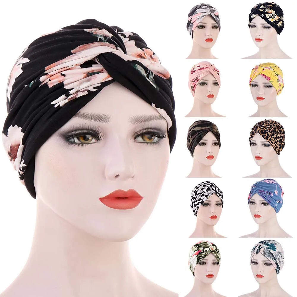 Floral Leave Leopard Pattern Twisted Jersey Hijabs Muslim Women Elastic Soft Turban Headband Easy Cap Chemo Hat Hair Accessories