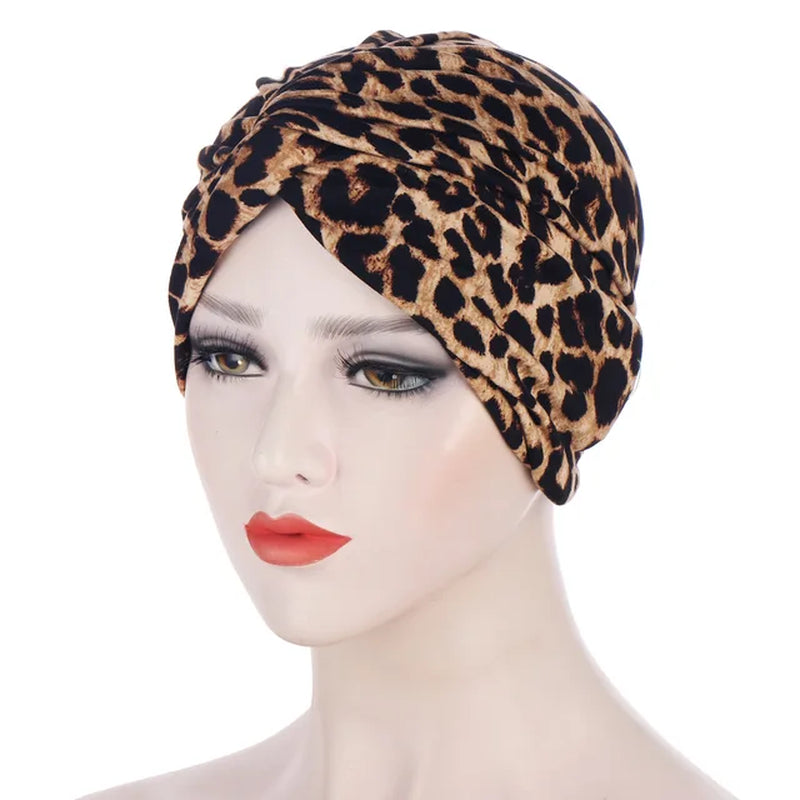 Floral Leave Leopard Pattern Twisted Jersey Hijabs Muslim Women Elastic Soft Turban Headband Easy Cap Chemo Hat Hair Accessories