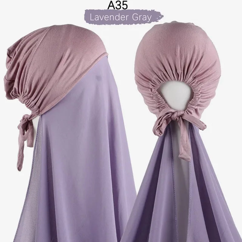 Muslim Women Chiffon Hijab with Cap Bonnet Instant Chiffon Hijabs Pinless Shawl Head Scarf Underscarf Caps Cover Headwrap