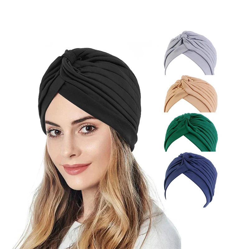 Women Stretchy Knot Turban Muslim Hat Islamic Inner Hijab Caps Head Scarf Bonnet Hair Loss Chemo Caps Elastic Headband Turban