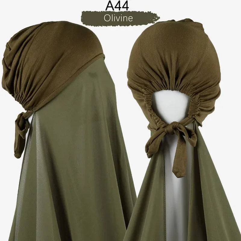 Muslim Women Chiffon Hijab with Cap Bonnet Instant Chiffon Hijabs Pinless Shawl Head Scarf Underscarf Caps Cover Headwrap