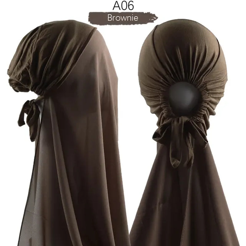 Muslim Women Chiffon Hijab with Cap Bonnet Instant Chiffon Hijabs Pinless Shawl Head Scarf Underscarf Caps Cover Headwrap